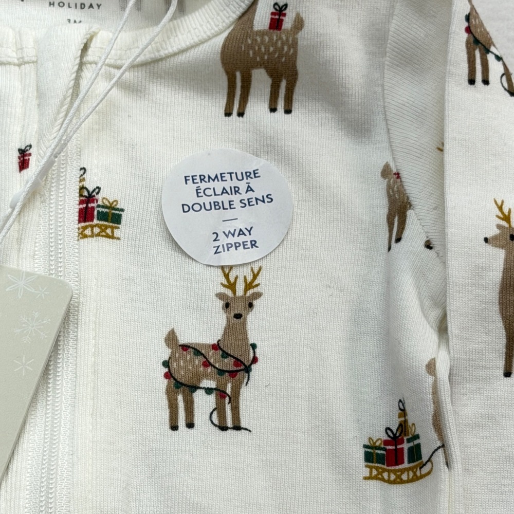 Petit Lem Holiday Reindeer 2-Way Zip Footed Sleeper Unisex 3M Off White - Picture 8 of 12